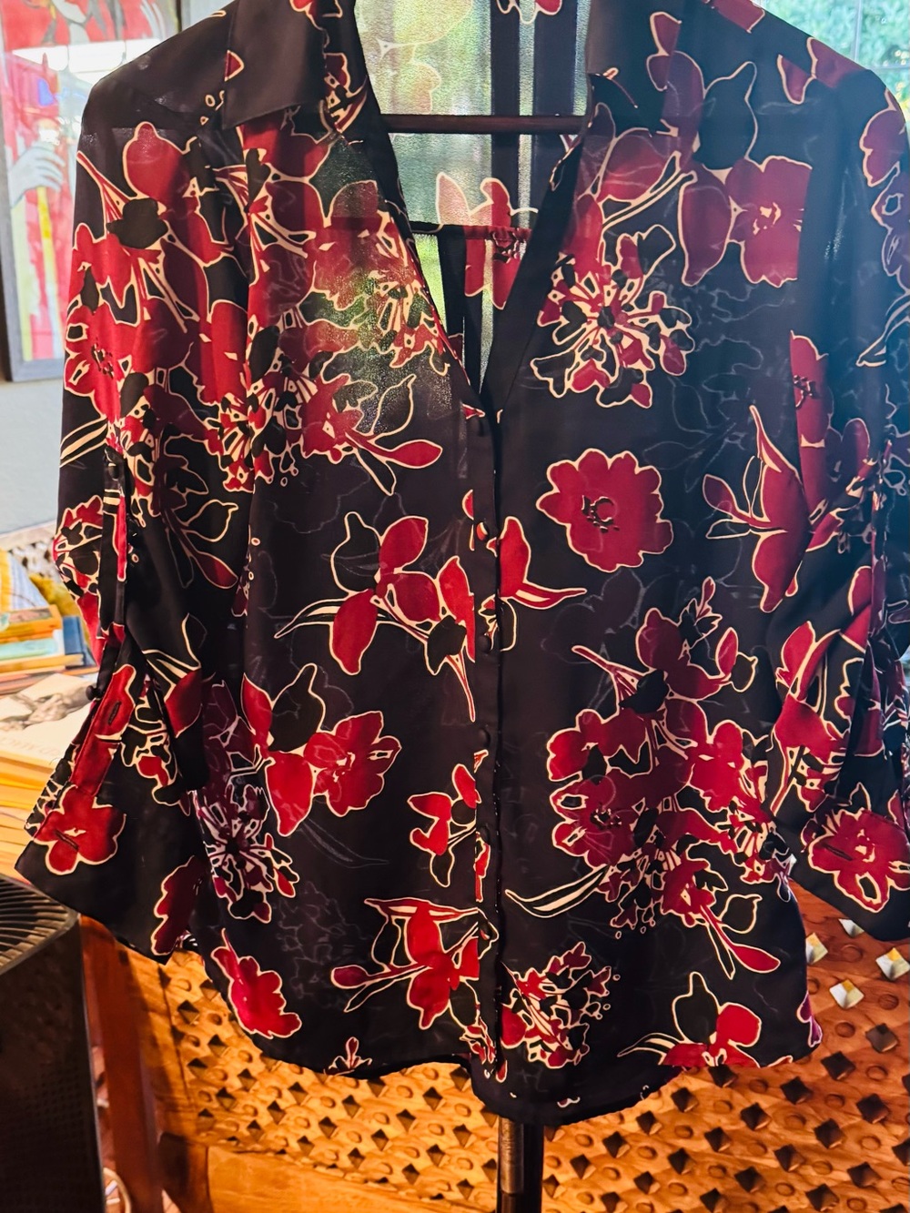 Express Black Blouse with Red Floral Print